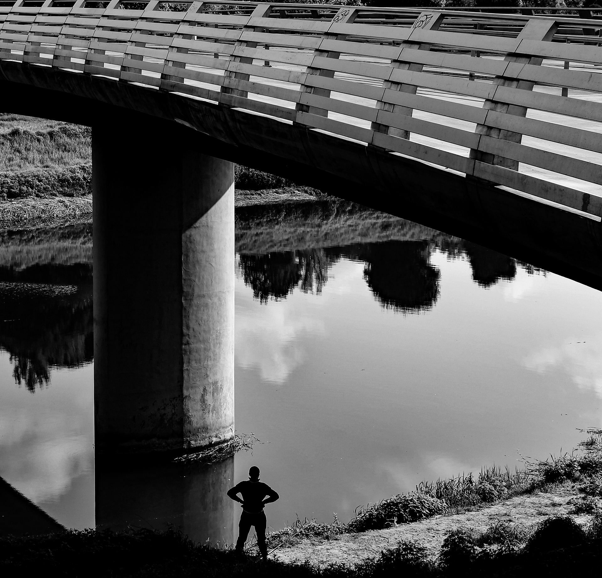 12 Il ponte e il pescatore QUINTA CLASS ANTONELLO FANTACCINI
IDEA VISIVA
Sappiamo che la pesca  sport di paziente attesa. In questa immagine il ponte diventa rifugio e il pescatore, in piedi sullargine mentre guarda lo scorrere del fiume ha, per noi, u